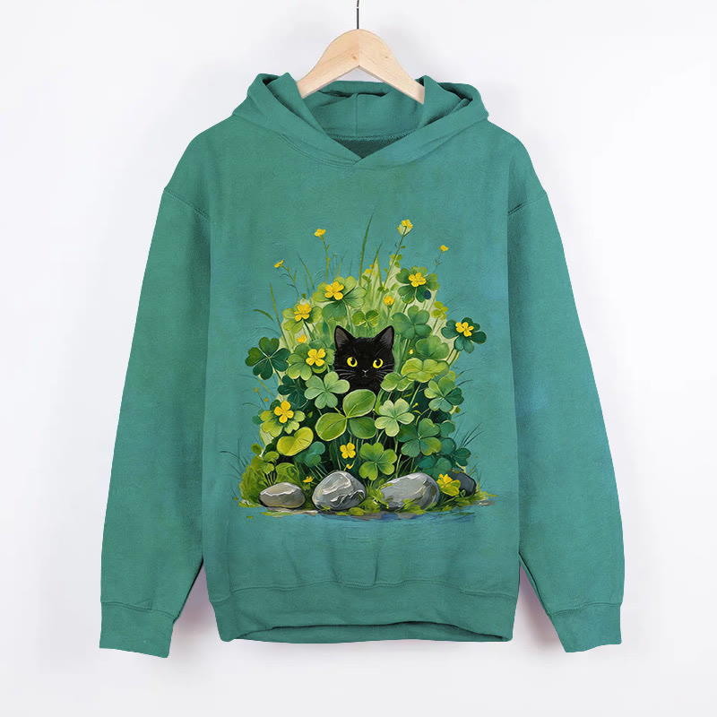 St. Patrick's Day Cat Hiding In Clover Flowers Art Print Long Sleeve Hoodie - Blue - US44-46(8XL) - image 1