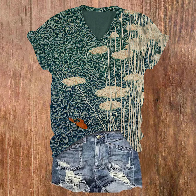 Lotus And Koi Fish Pattern Print Short Sleeved V-neck T-shirt - Olive Green - US32-34(5XL) - image 1