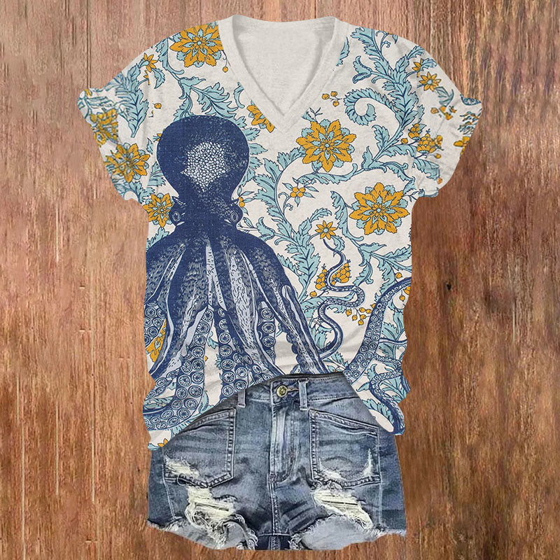 Vintage Blue Octopus & Flowers Print Short Sleeved V-neck T-shirt - Blue - US32-34(5XL) - image 1