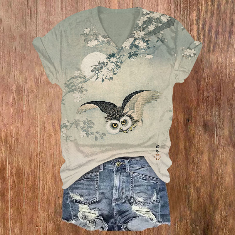 Vintage Flying Owl & Floral Print Short Sleeved V-neck T-shirt - Beige - US32-34(5XL) - image 1