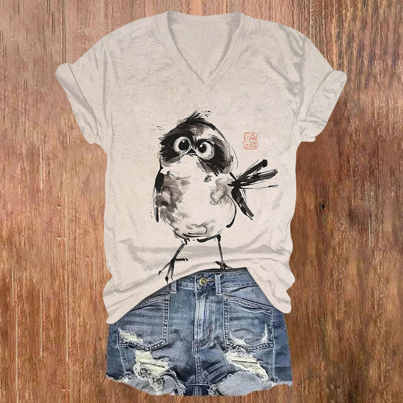 Japanese Ink Watercolor Bird Print Short Sleeved V-neck T-shirt - Apricot - US32-34(5XL) - image 1
