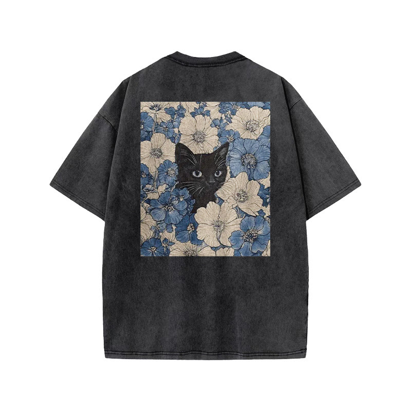 Black Cat In A Patchwork Flower Field Print Acid Washed T-shirt - image 1