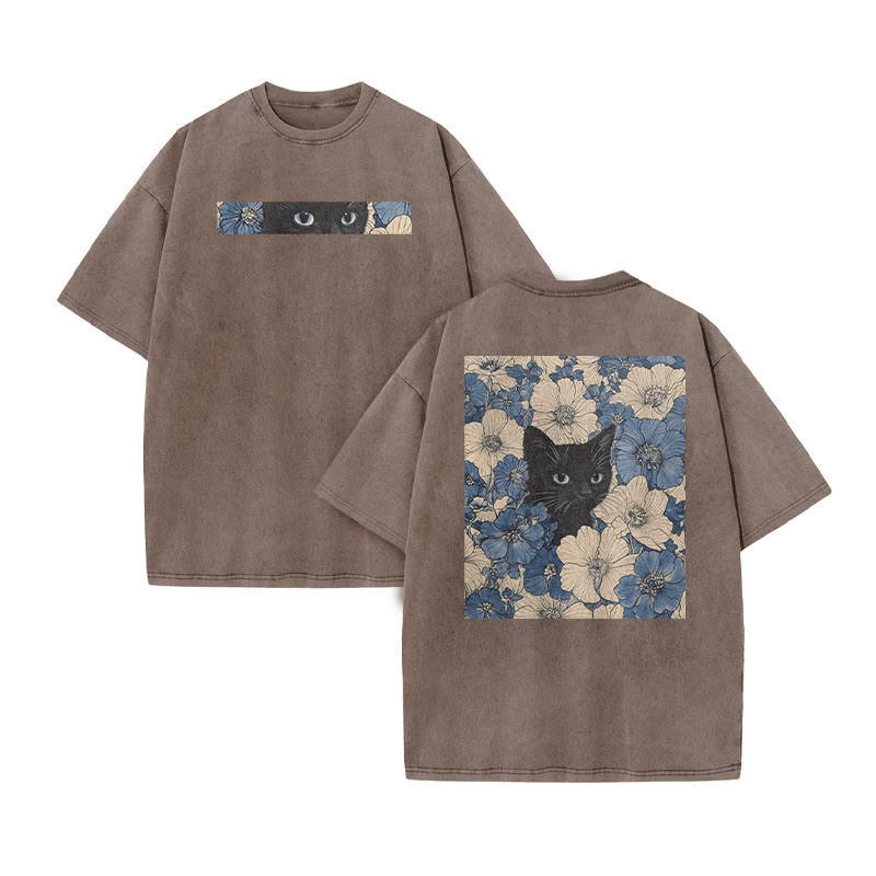 Black Cat In A Patchwork Flower Field Print Acid Washed T-shirt - Coffee - US20-22(3XL) - image 5