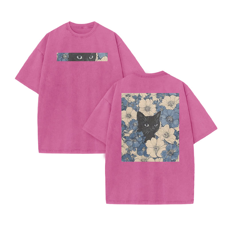 Black Cat In A Patchwork Flower Field Print Acid Washed T-shirt - Pink - US20-22(3XL) - image 10