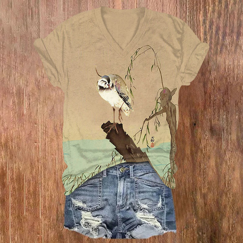 Japanese Vintage Bird On The Branch Print Short Sleeved V-neck T-shirt - Khaki - US32-34(5XL) - image 1
