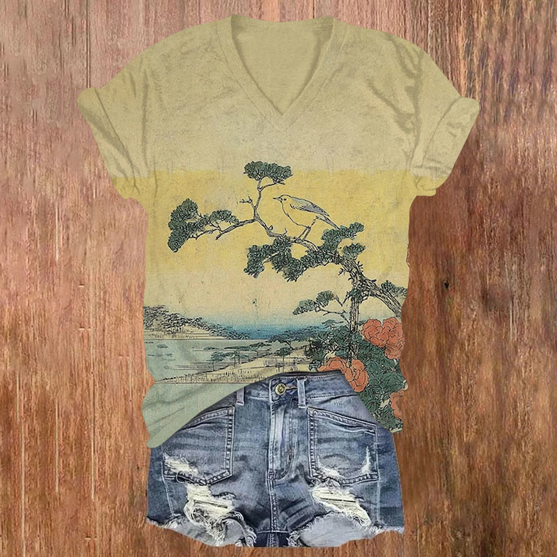 Vintage Landscape Painting Print Short Sleeved V-neck T-shirt - Yellow - US32-34(5XL) - image 1