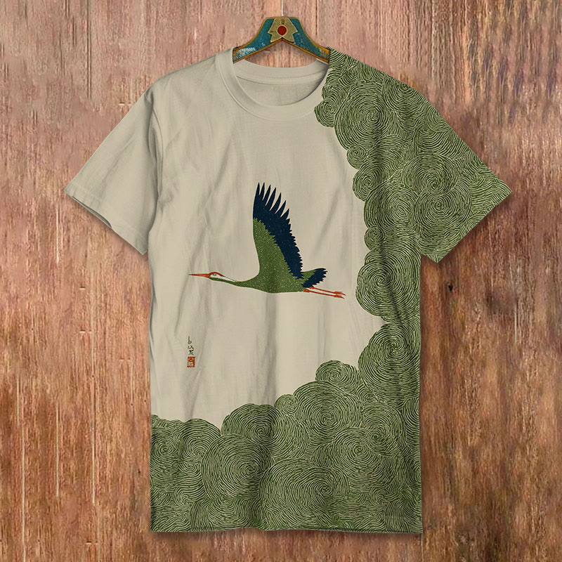 Japanese Crane Traditional Art Pattern Print Short-sleeved T-shirt - Apricot - 8XL - image 1