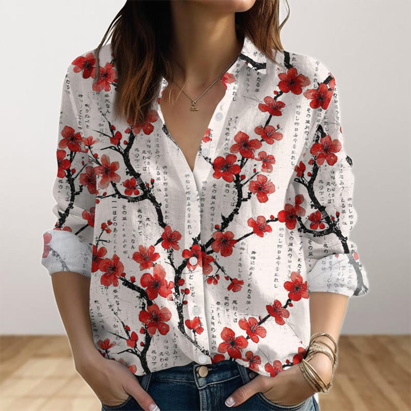 Japanese Cherry Blossom Art Print Long Sleeve Shirt - White - 4XL - image 1