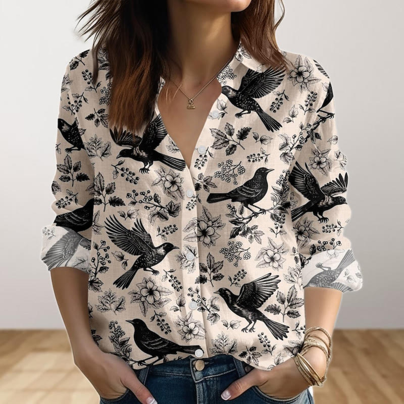 Vintage Raven & Flowers Art Print Long Sleeve Shirt - Beige - 4XL - image 1