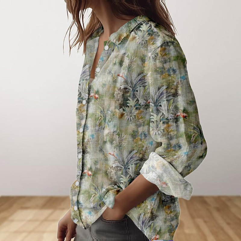 Retro Tropical Plant Print Long Sleeve Shirt - image 2