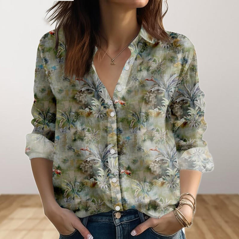 Retro Tropical Plant Print Long Sleeve Shirt - Green - 4XL - image 1