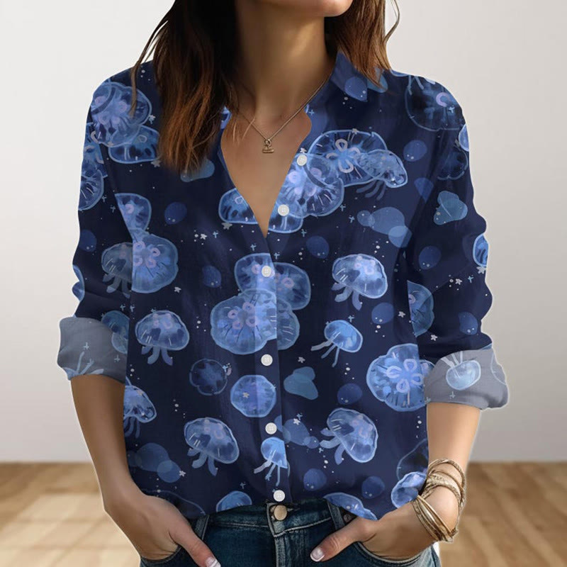 Lovely Jellyfish Art Print Long Sleeve Shirt - Blue - 4XL - image 1