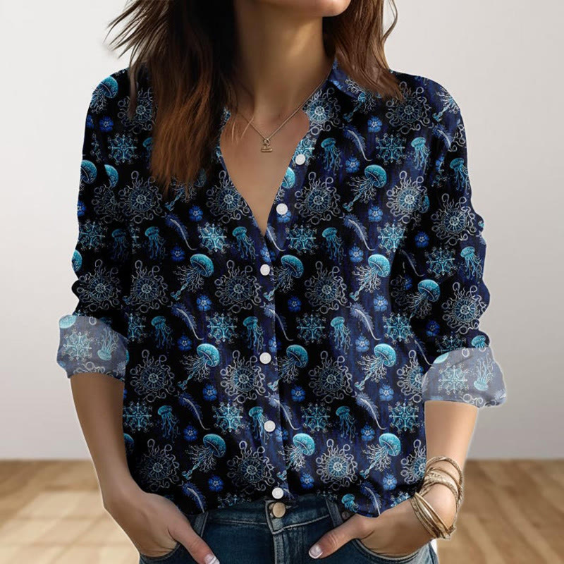 Vintage Cute Ocean Jellyfish Art Print Long Sleeve Shirt - Dark Blue - 4XL - image 1