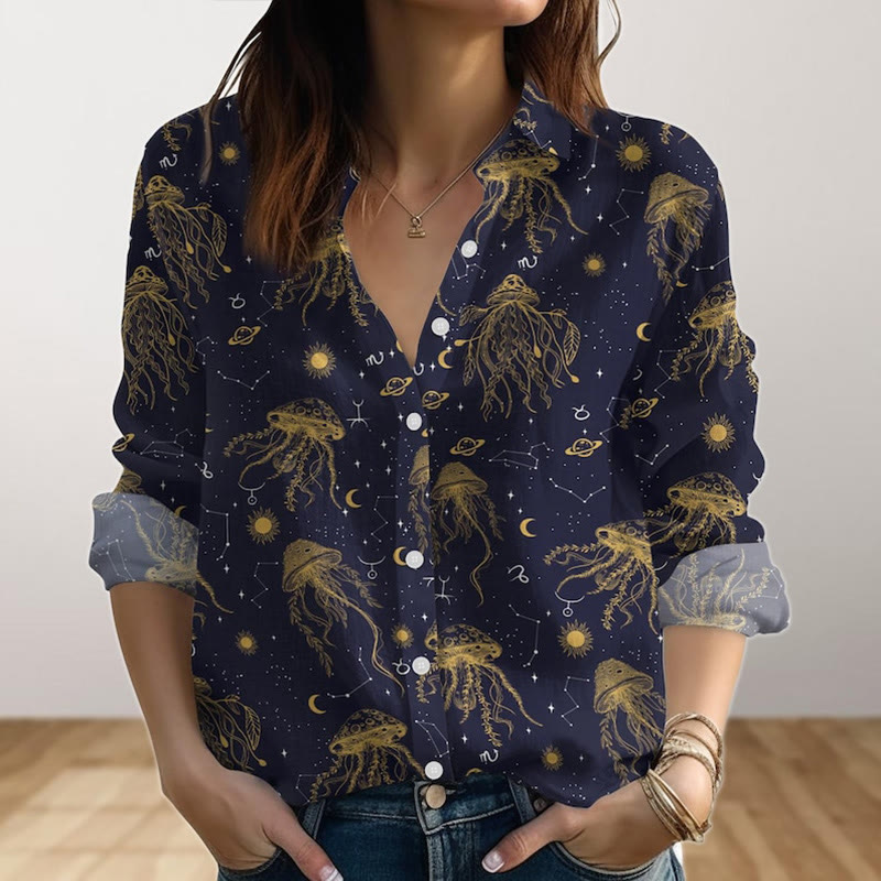 Creative Fantasy Universe Jellyfish Print Long Sleeve Shirt - Navy Blue - 4XL - image 1