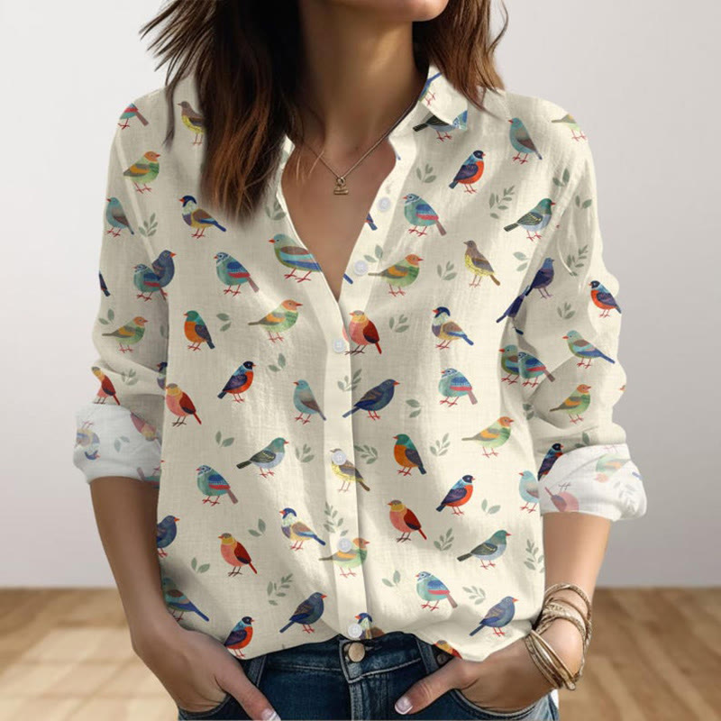 Vintage Colorful Birds Art Print Long Sleeve Shirt - Beige - 4XL - image 1