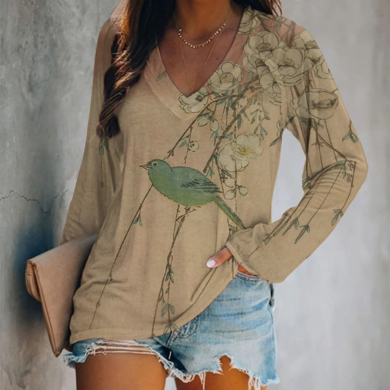 Floral And Bird Art Print Long Sleeve T-shirt - Khaki - 5XL - image 1