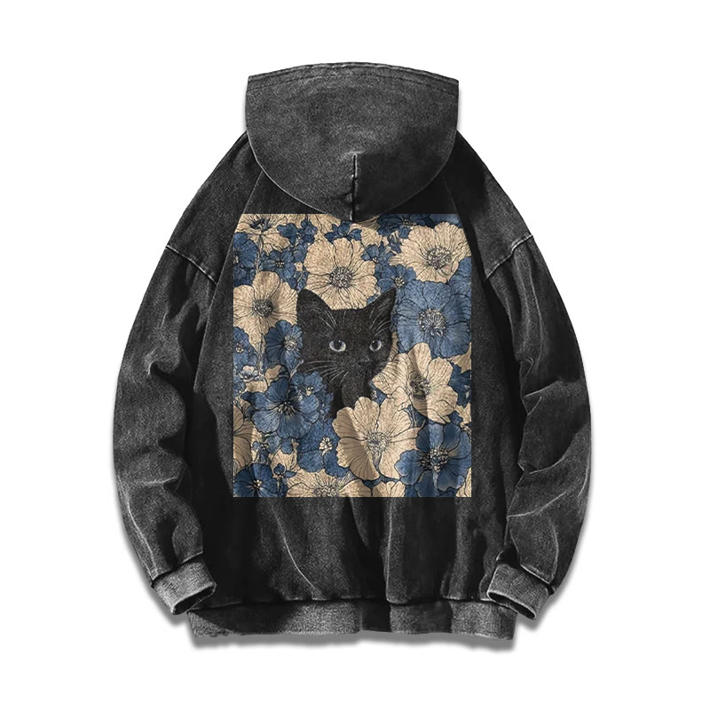 Black Cat In A Patchwork Flower Field Printed Washed Hoodie  - image 1