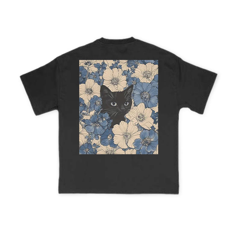 Black Cat In A Patchwork Flower Field Print T-shirt - image 1