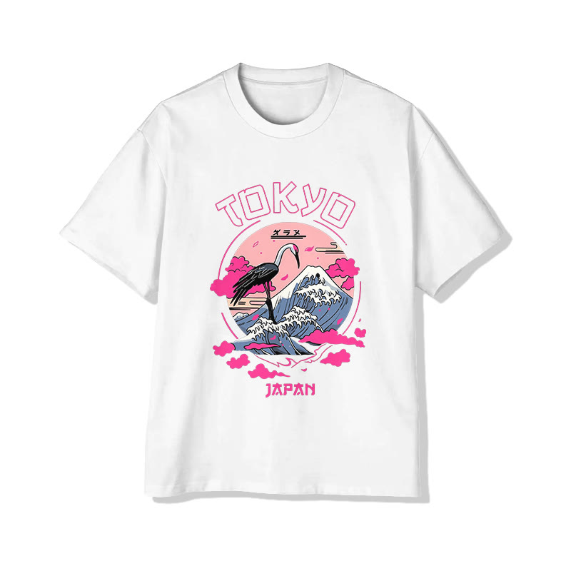 Unisex JDX Janpanese Tokyo Crane Mount Fuji Pattern Art Cotton Print T-Shirt - White - US20-22(3XL) - image 1