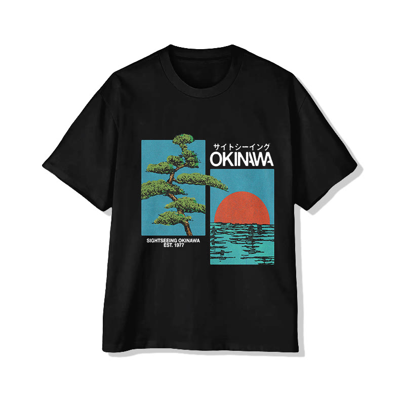Unisex Japanese Okinawa Travel Pine Tree And Sunrise Pattern Art Cotton Print T-shirt - Black - US20-22(3XL) - image 1