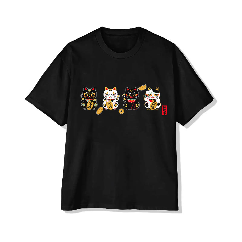 Unisex Japanese New Year Lucky Cats Pattern Art Cotton Print T-shirt - Black - US20-22(3XL) - image 1