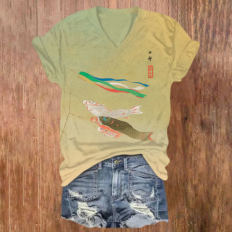 Japanese Traditional Ukiyo-e Carp Streamer Art Patterns Print Short Sleeved V-neck T-shirt - Apricot - US32-34(5XL) - image 1