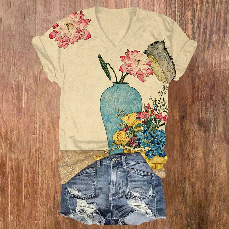 Japanese Zen-inspired Ukiyo-e Artworks Art Painting Print Short Sleeved V-neck T-shirt - Apricot - US32-34(5XL) - image 1