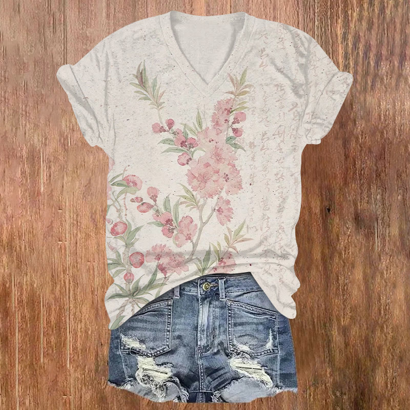 Japanese Zen-inspired Floral Art Painting Print Short Sleeved V-neck T-shirt - Beige - US32-34(5XL) - image 1