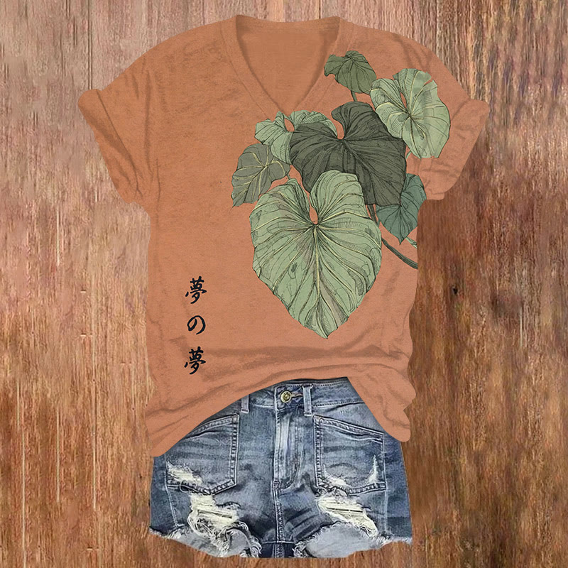 Japanese Zen-inspired Philodendron Art Painting Print Short Sleeved V-neck T-shirt - Orange - US32-34(5XL) - image 1