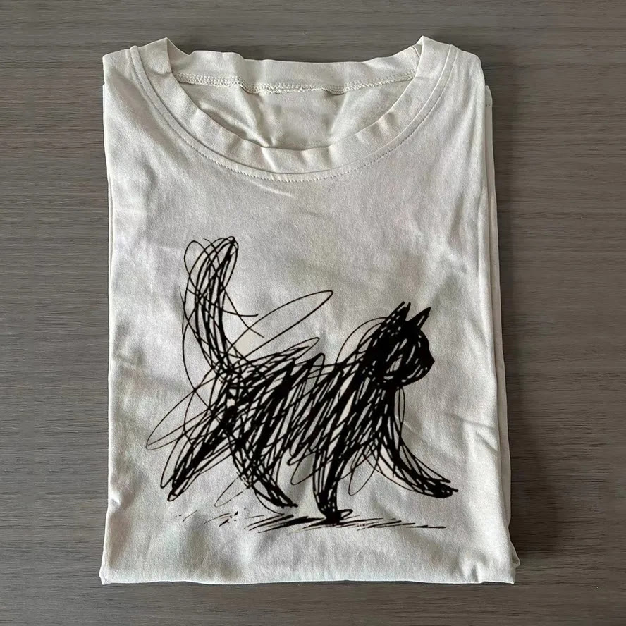 Unisex Black Line Doodle Cat Print Cotton T-shirt - White - US16-18(2XL) - image 1
