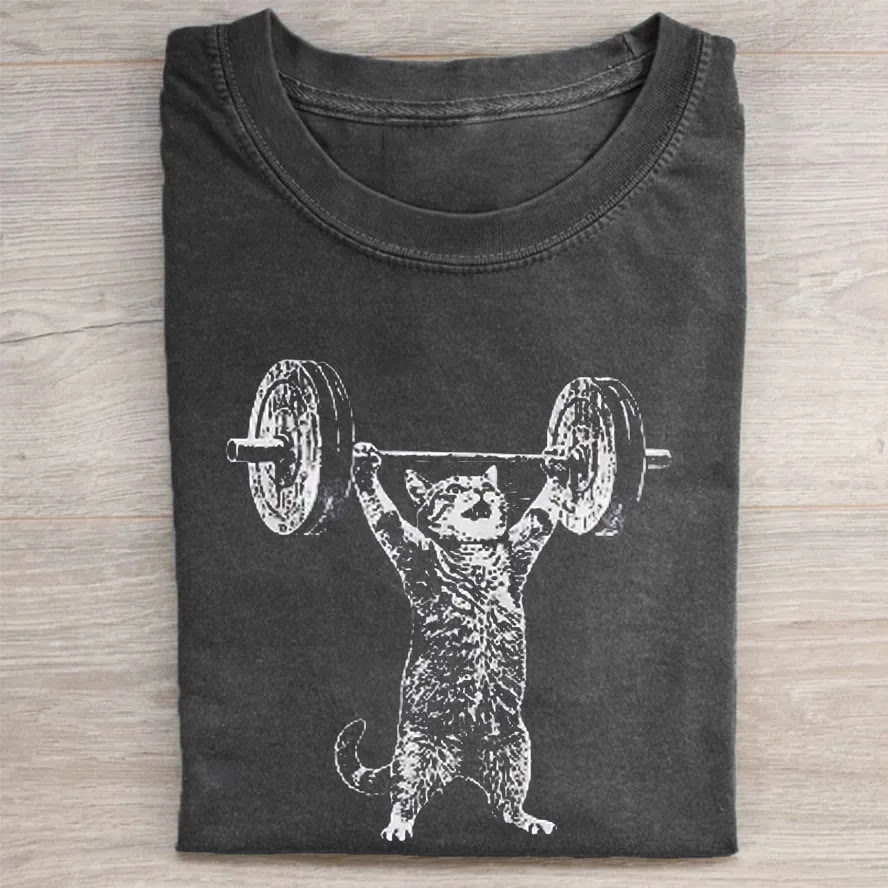  Funny Cat Print Acid Washed T-shirt - Black - US20-22(3XL) - image 1
