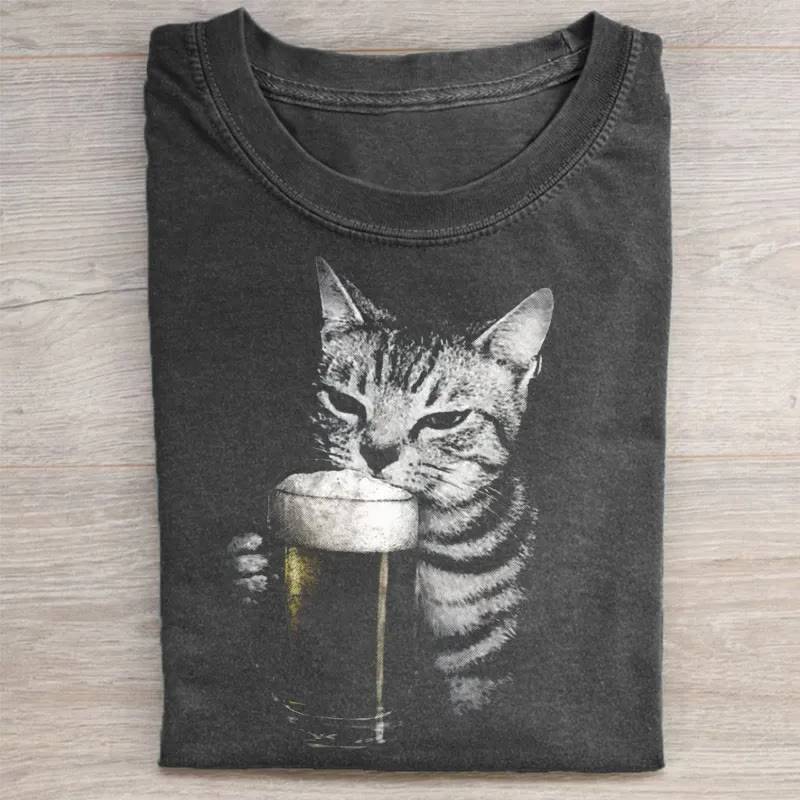  Funny Cat Drinking Beer Print Acid Washed T-shirt - Black - US20-22(3XL) - image 1