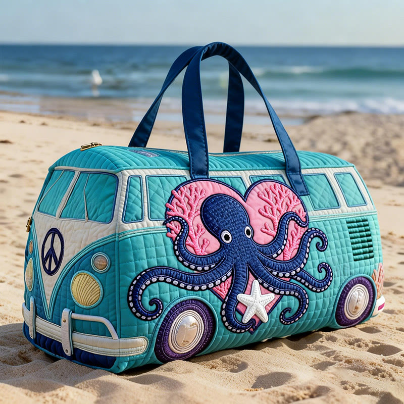 Heart-shaped Octopus Print Quilted Duffle Bag - Blue - one size - image 1