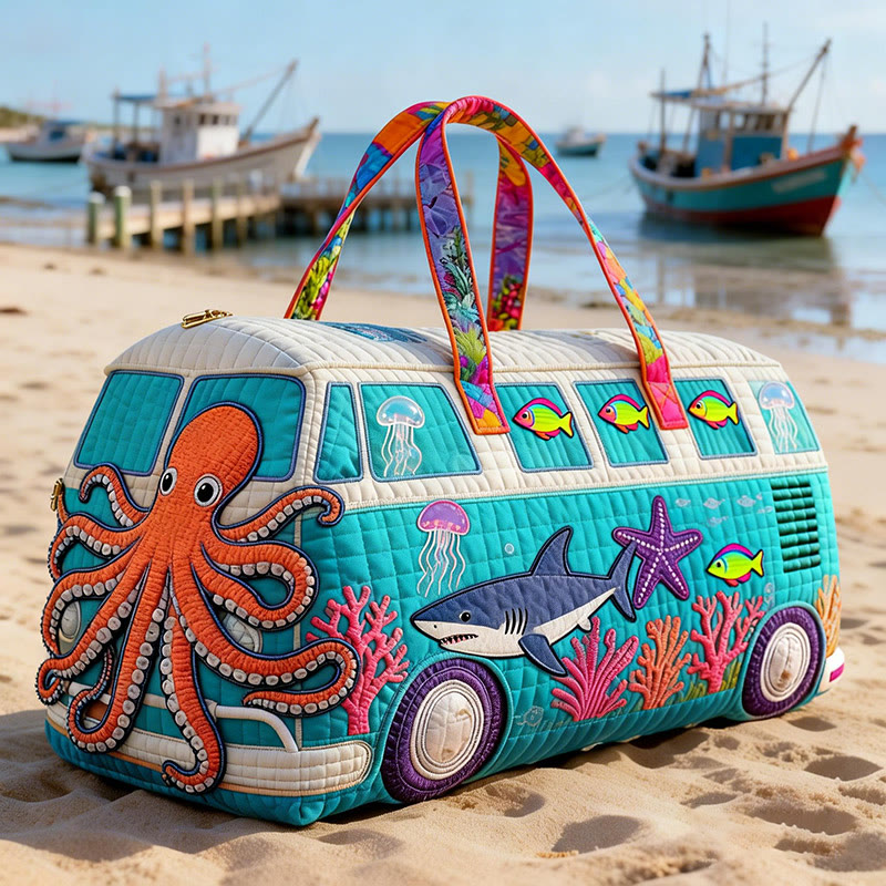 Octopus And Shark Print Quilted Duffle Bag - Blue - one size - image 1