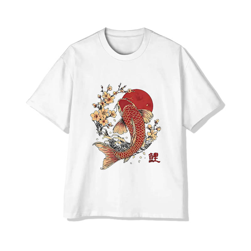 Unisex Japanese Koi Print Short Sleeved Crew Neck T-shirt - White - 2XL - image 2