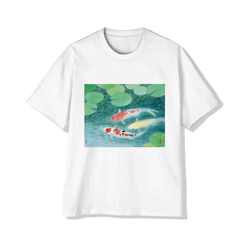 Unisex Pond Koi Print Short Sleeved Crew Neck T-shirt - White - 2XL - image 1