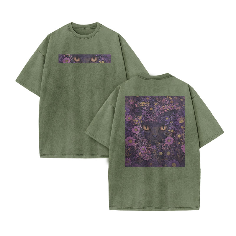 A Black Cat In A Field Of Purple Flowers Print Acid Washed T-shirt - Army Green - US20-22(3XL) - image 6