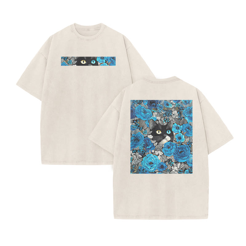 A Black Cat In A Field Of Blue Flowers Print Acid Washed T-shirt - Beige - US20-22(3XL) - image 3