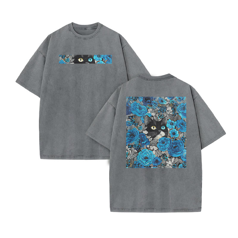A Black Cat In A Field Of Blue Flowers Print Acid Washed T-shirt - Grey - US20-22(3XL) - image 4