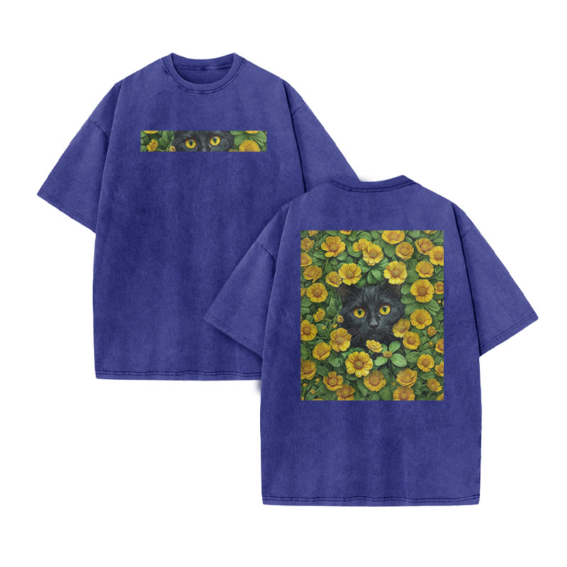 A Black Cat In A Field Of Yellow Flowers Print Acid Washed T-shirt - Blue - US20-22(3XL) - image 9