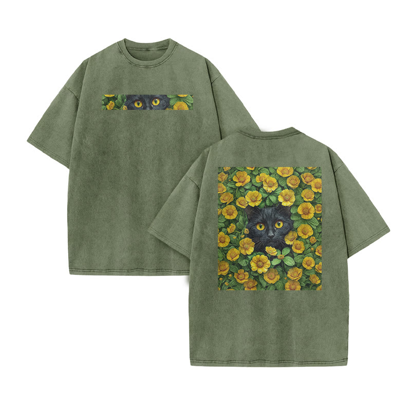 A Black Cat In A Field Of Yellow Flowers Print Acid Washed T-shirt - Army Green - US20-22(3XL) - image 8