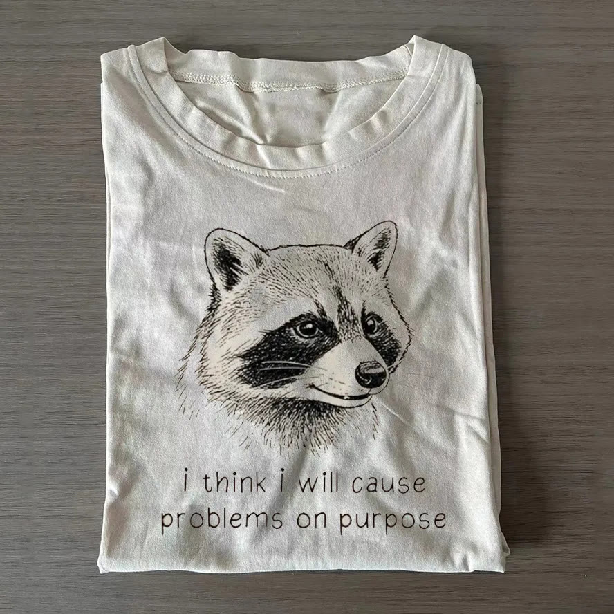 Unisex Raccoon Print Short Sleeved Crew Neck T-shirt - White - 2XL - image 1