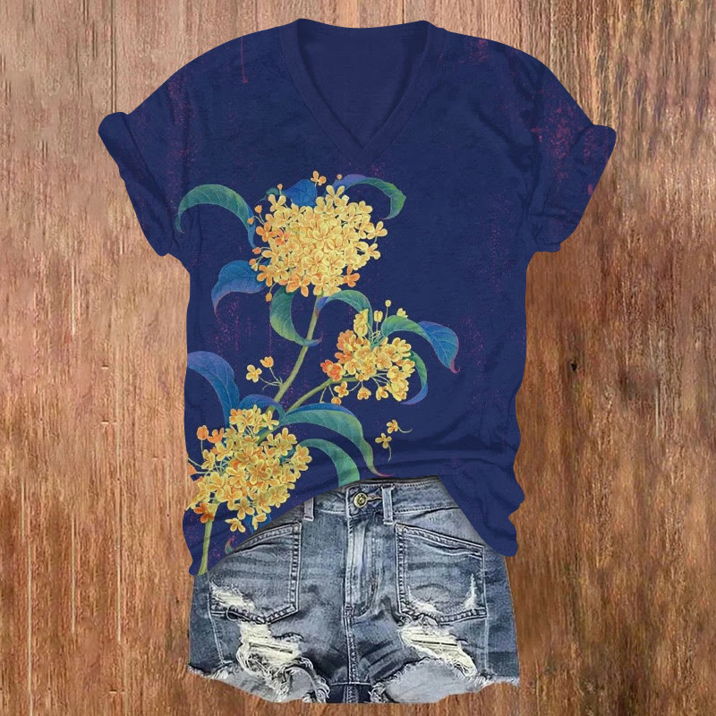 Vintage Osmanthus Fragrans Art Print Short Sleeved V-neck T-shirt - Blue - US32-34(5XL) - image 2
