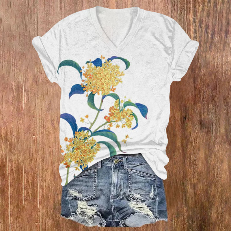 Vintage Osmanthus Fragrans Art Print Short Sleeved V-neck T-shirt - White - US32-34(5XL) - image 1