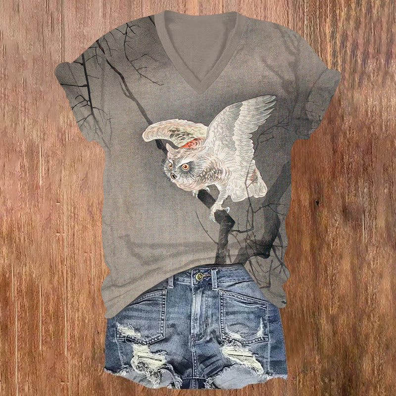 Creative Owl Pattern Print Short Sleeved V-neck T-shirt - Grey - US32-34(5XL) - image 1