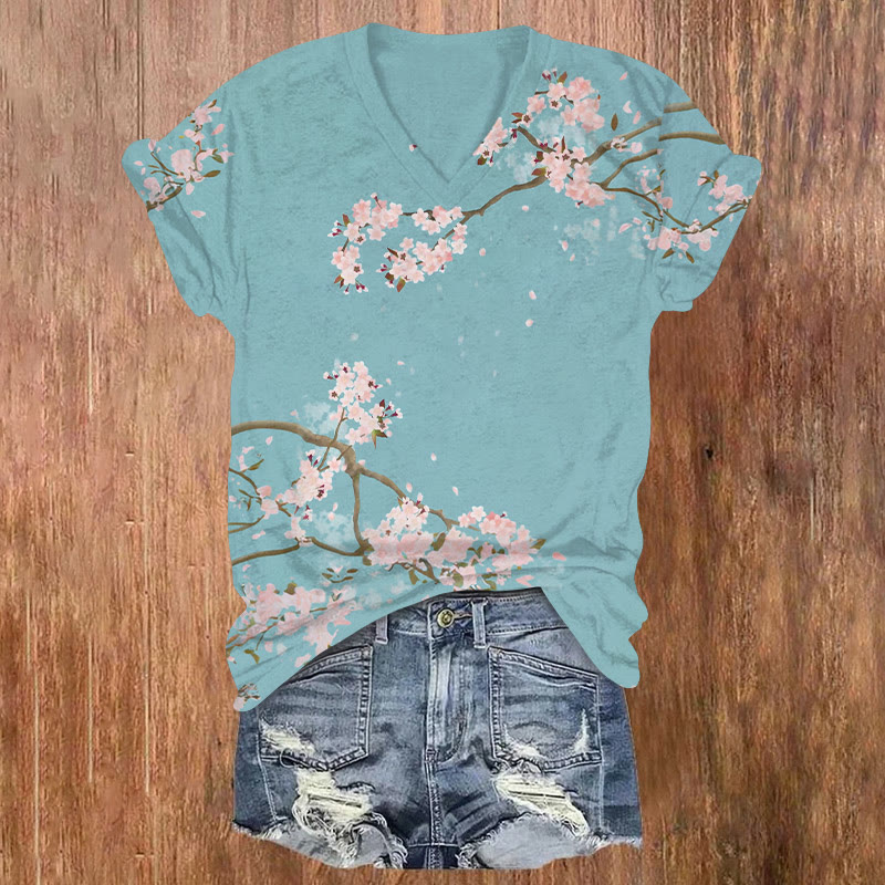 Vintage Pink Sakura Art Print Short Sleeved V-neck T-shirt - Blue - US32-34(5XL) - image 1