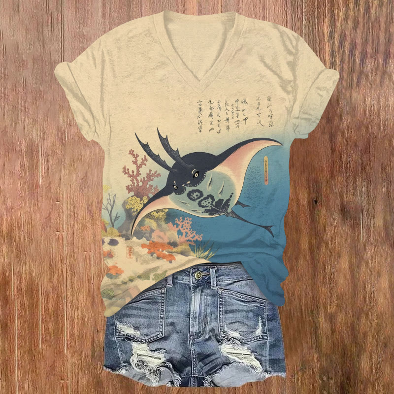 Japanese Ukiyo-e Style Manta Ray Pattern Print Short Sleeved V-neck T-shirt - Yellow - US32-34(5XL) - image 1