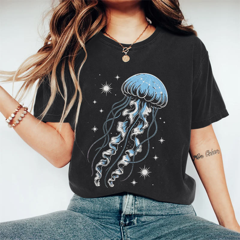 Vintage Glowing Cartoon Jellyfish Print Acid Washed T-shirt - Black - US20-22(3XL) - image 1