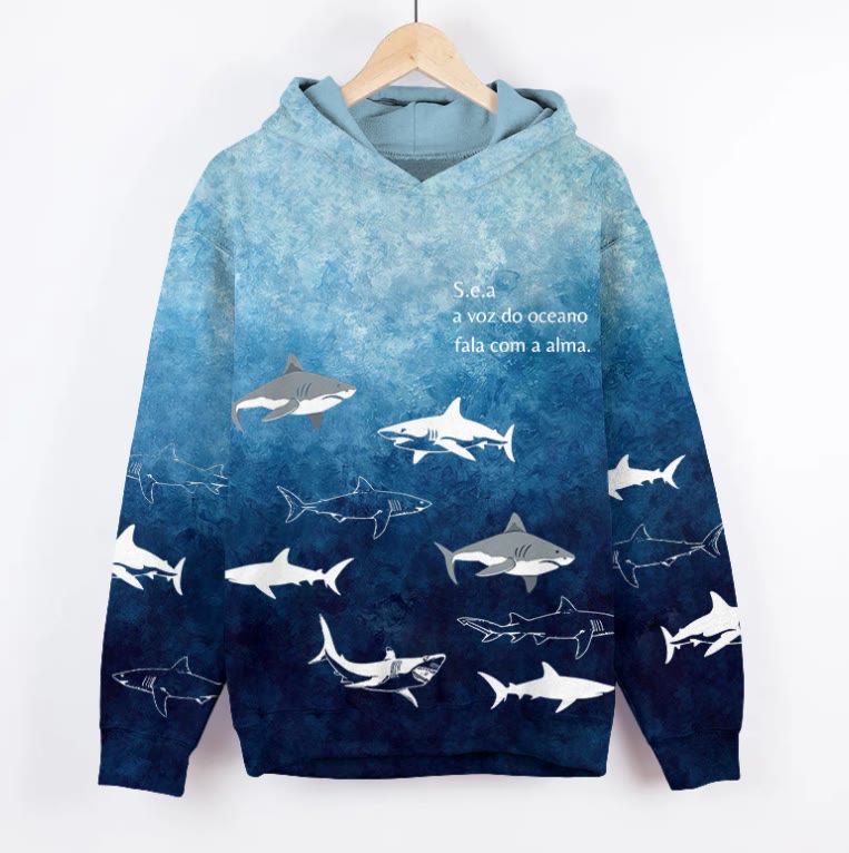 Unisex Ocean Gradient Shark Pattern Print Long Sleeved Hoodie - Dark Blue - US44-46(8XL) - image 1