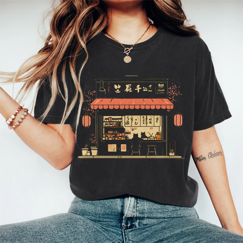 Japanese-style Izakaya Pattern Print Acid Washed T-shirt - Black - US20-22(3XL) - image 1